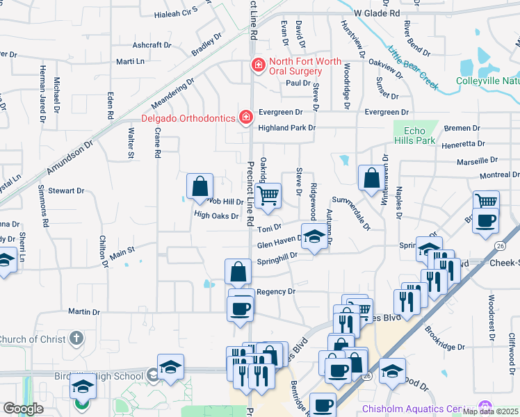map of restaurants, bars, coffee shops, grocery stores, and more near 2916 Oakridge Drive in Hurst