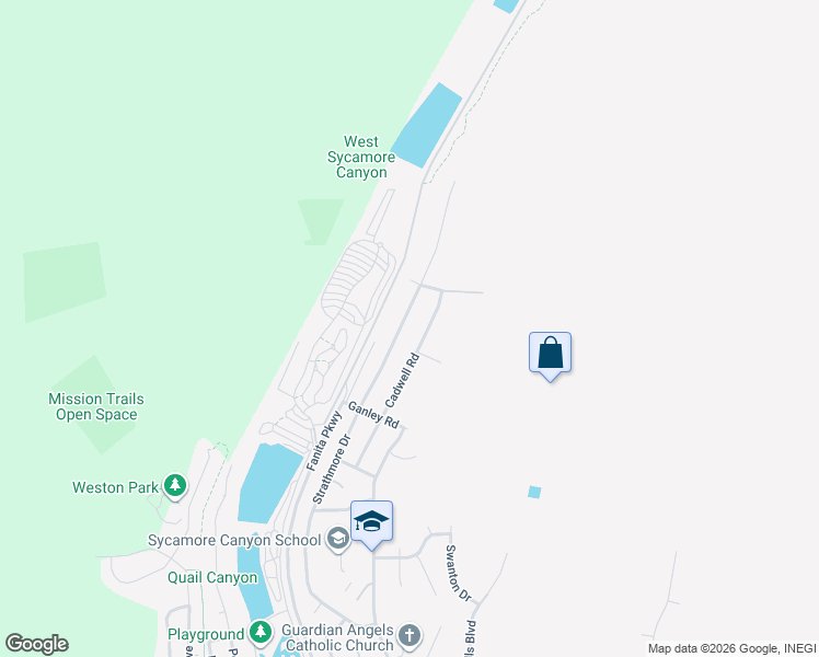 map of restaurants, bars, coffee shops, grocery stores, and more near 10523 Strathmore Drive in Santee