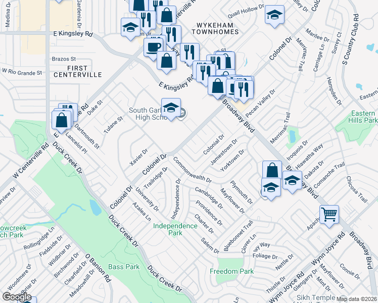 map of restaurants, bars, coffee shops, grocery stores, and more near 401 Colonial Drive in Garland