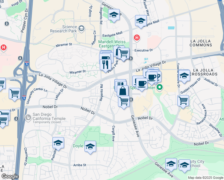 map of restaurants, bars, coffee shops, grocery stores, and more near 8720 Costa Verde Boulevard in San Diego