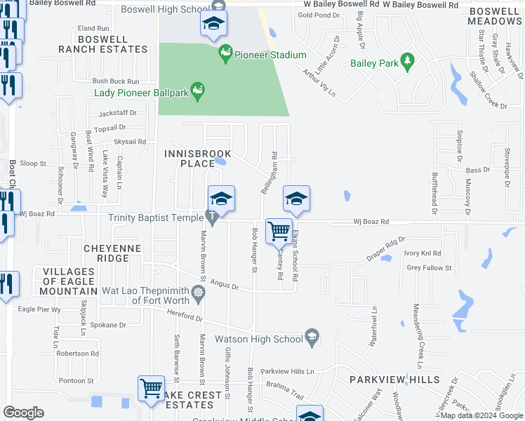 map of restaurants, bars, coffee shops, grocery stores, and more near 7421 Bellingham Road in Fort Worth
