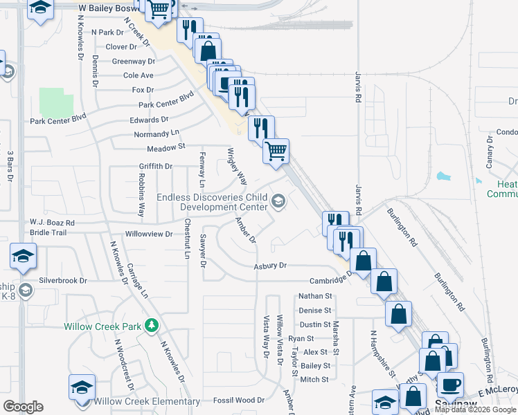 map of restaurants, bars, coffee shops, grocery stores, and more near 309 Willowstone Trail in Saginaw