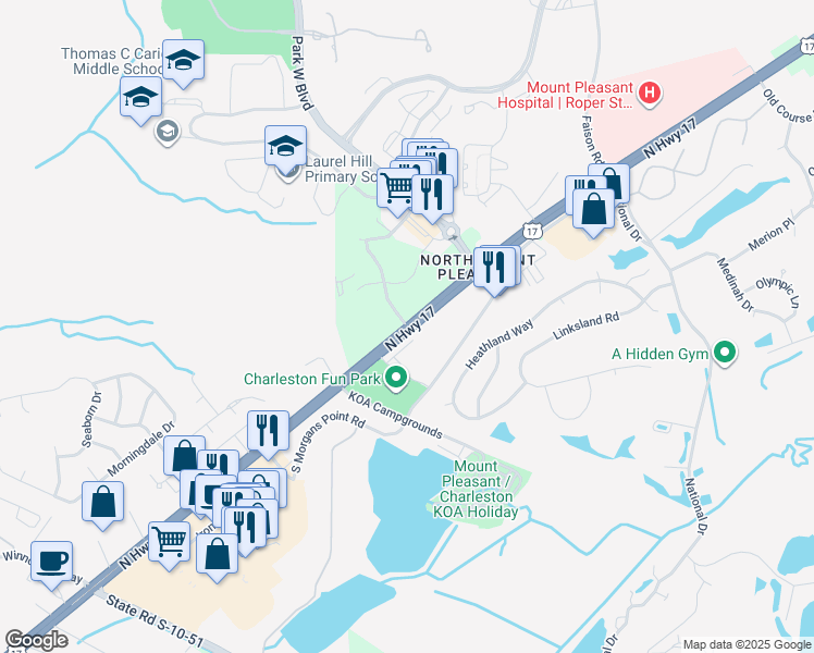 map of restaurants, bars, coffee shops, grocery stores, and more near North Highway 17 in Mount Pleasant