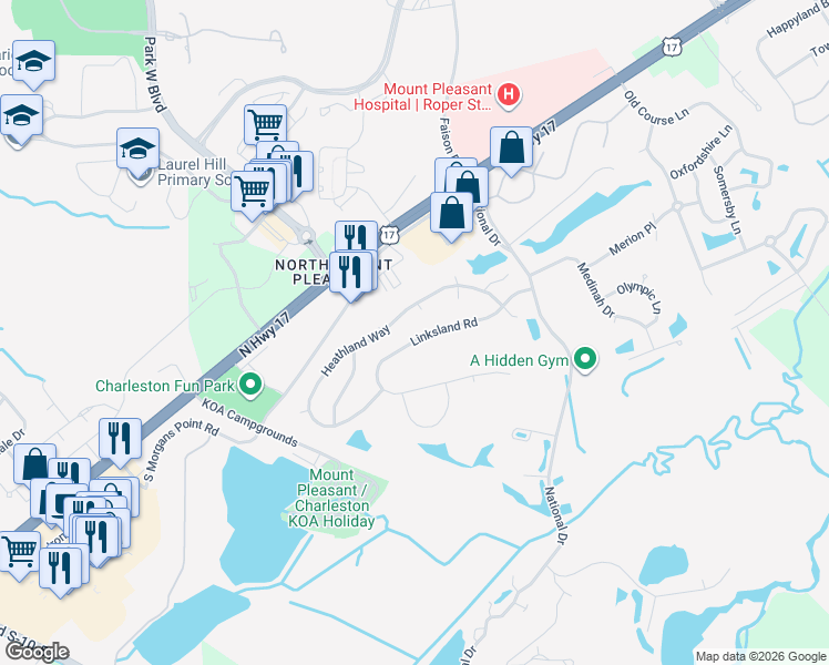 map of restaurants, bars, coffee shops, grocery stores, and more near 1275 Royal Troon Court in Mount Pleasant
