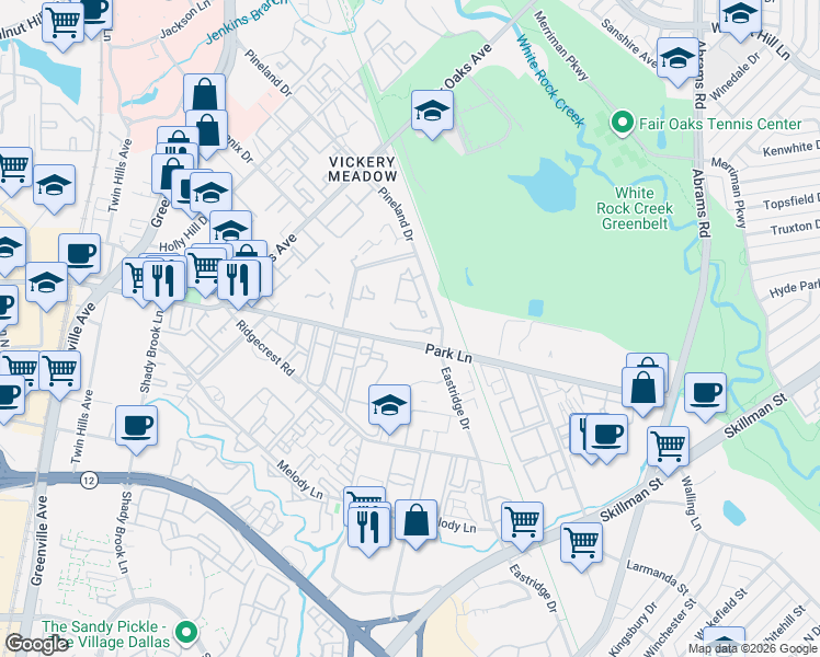 map of restaurants, bars, coffee shops, grocery stores, and more near 6161 Pineland Drive in Dallas