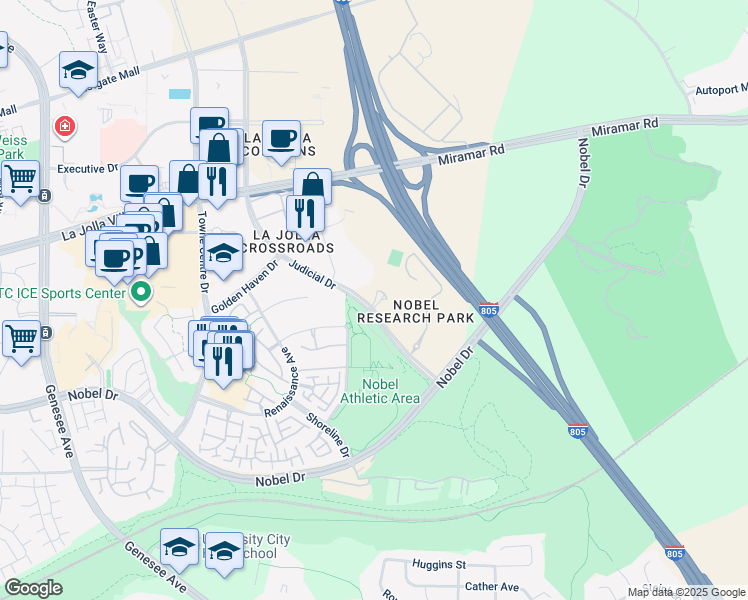 map of restaurants, bars, coffee shops, grocery stores, and more near 5200 Illumina Way in San Diego