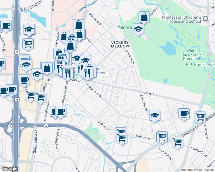 map of restaurants, bars, coffee shops, grocery stores, and more near 8532 Park Lane in Dallas
