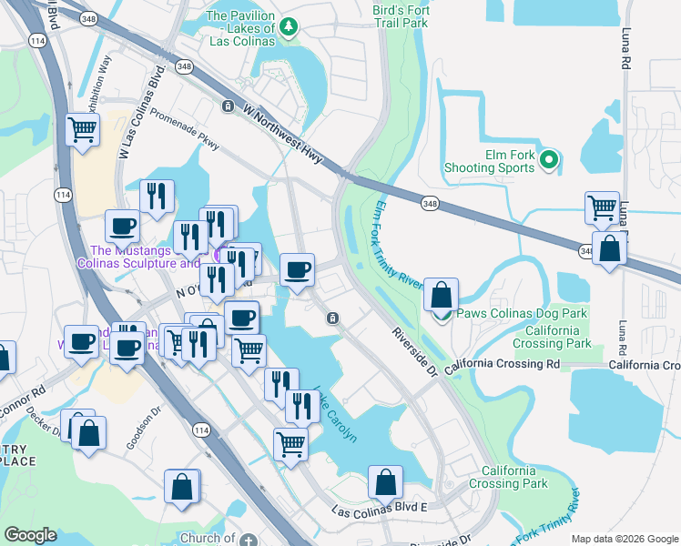 map of restaurants, bars, coffee shops, grocery stores, and more near 6311 North O'Connor Boulevard in Irving