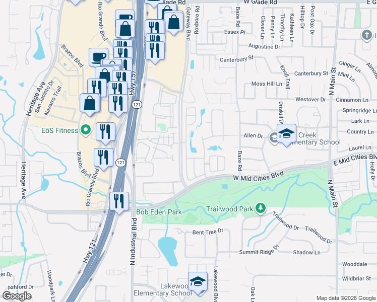 map of restaurants, bars, coffee shops, grocery stores, and more near 2308 Grizzly Run Lane in Euless
