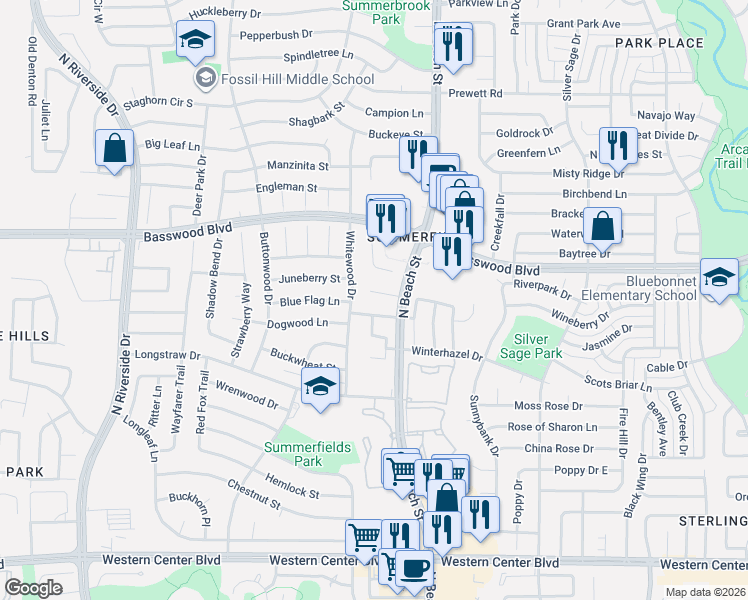 map of restaurants, bars, coffee shops, grocery stores, and more near 7212 Whitewood Drive in Fort Worth