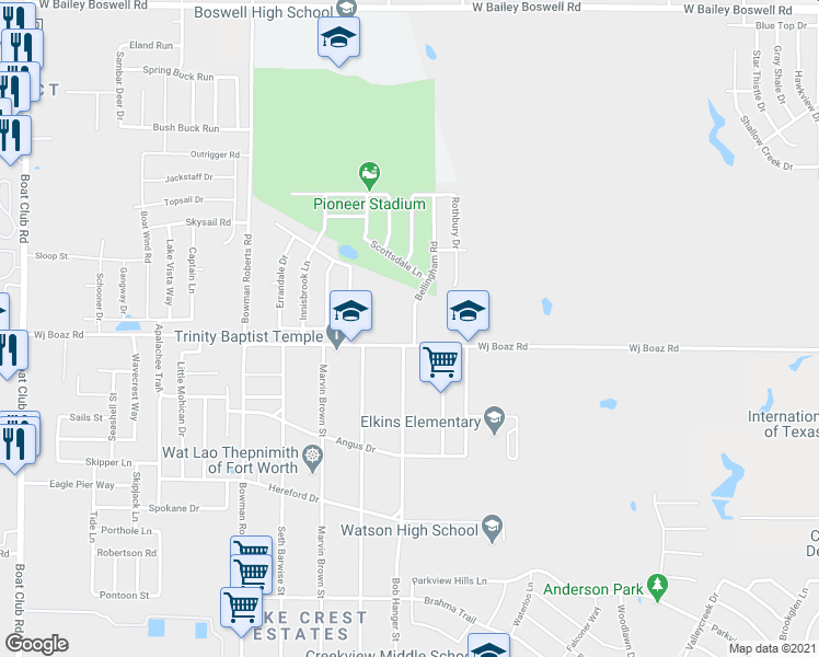 map of restaurants, bars, coffee shops, grocery stores, and more near 7421 Bellingham Road in Fort Worth