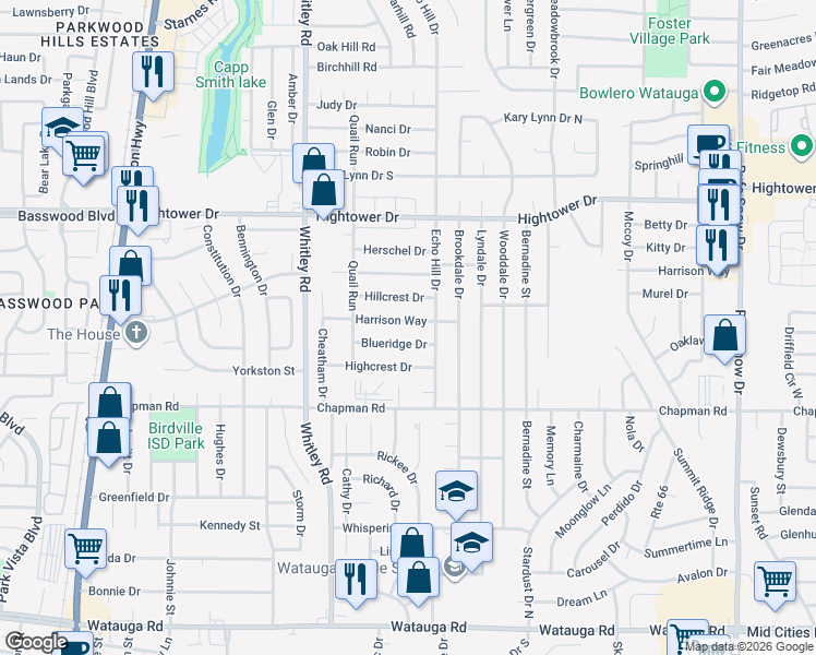map of restaurants, bars, coffee shops, grocery stores, and more near 6036 Hillcrest Drive in Watauga