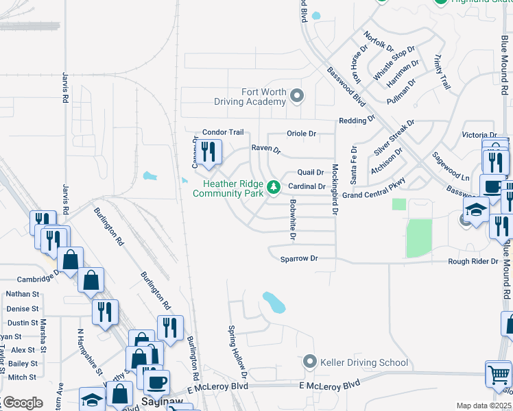 map of restaurants, bars, coffee shops, grocery stores, and more near 708 Hummingbird Trail in Saginaw