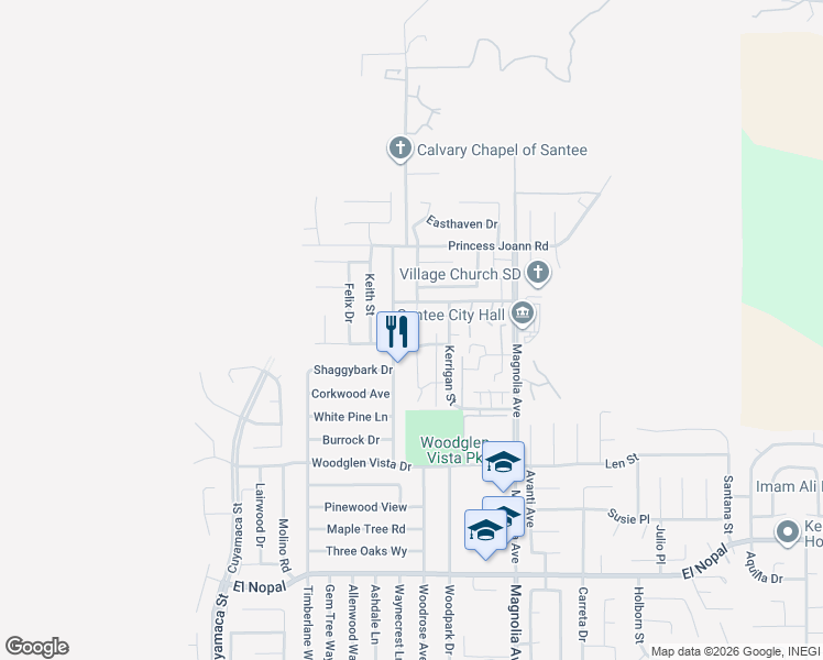 map of restaurants, bars, coffee shops, grocery stores, and more near 10228 Princess Sarit Way in Santee