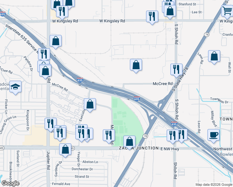 map of restaurants, bars, coffee shops, grocery stores, and more near Lyndon B Johnson Freeway in Garland