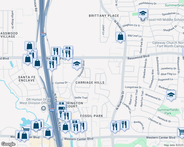 map of restaurants, bars, coffee shops, grocery stores, and more near 7216 Welshman Drive in Fort Worth