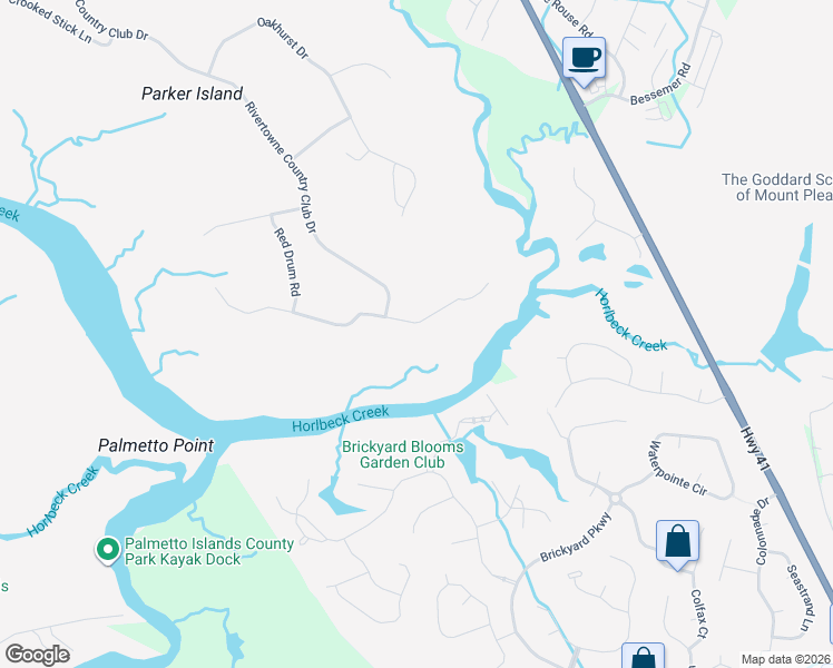 map of restaurants, bars, coffee shops, grocery stores, and more near 2800 Parkers Landing Road in Mount Pleasant