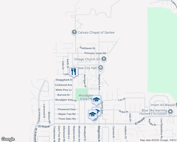 map of restaurants, bars, coffee shops, grocery stores, and more near 10640 King Phillip Court in Santee