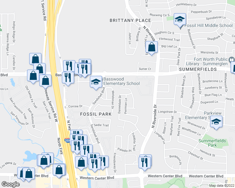 map of restaurants, bars, coffee shops, grocery stores, and more near 6929 Genevieve Drive in Fort Worth