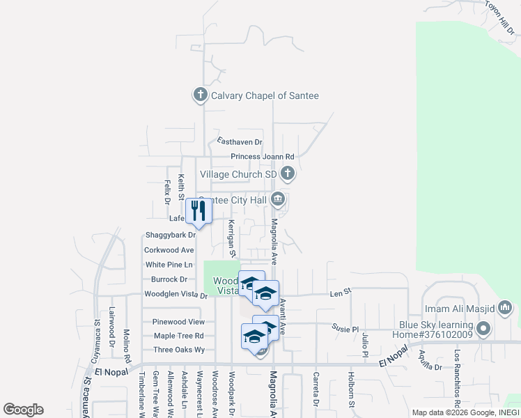map of restaurants, bars, coffee shops, grocery stores, and more near 10628 Queen Jessica Lane in Santee