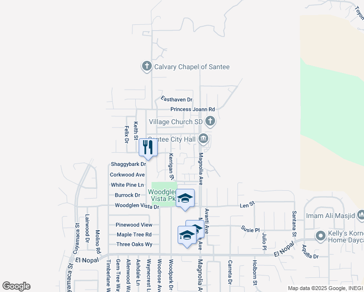 map of restaurants, bars, coffee shops, grocery stores, and more near 10639 King Phillip Court in Santee