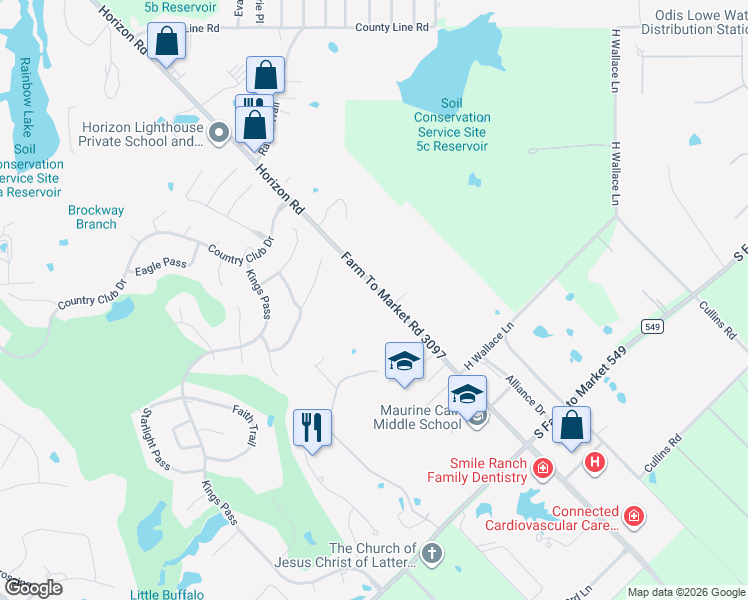 map of restaurants, bars, coffee shops, grocery stores, and more near 6 Horizon Court in Heath