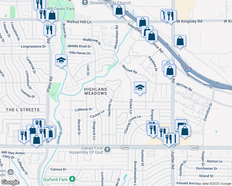 map of restaurants, bars, coffee shops, grocery stores, and more near 9006 Hackney Lane in Dallas