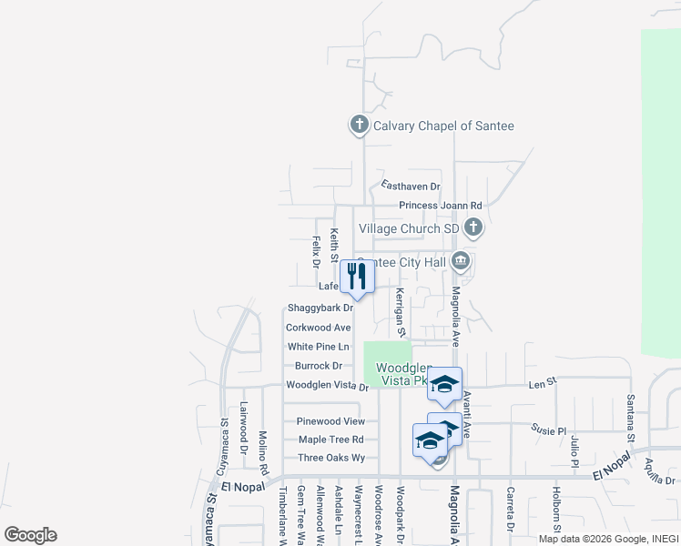 map of restaurants, bars, coffee shops, grocery stores, and more near 10638 Ironwood Avenue in Santee