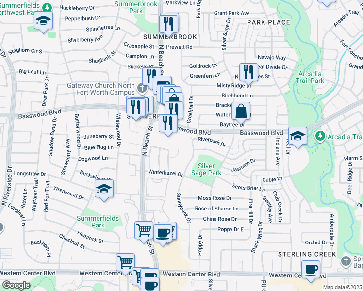 map of restaurants, bars, coffee shops, grocery stores, and more near 4440 Park Creek Court in Fort Worth