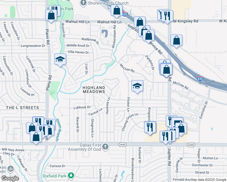 map of restaurants, bars, coffee shops, grocery stores, and more near 9006 Hackney Lane in Dallas