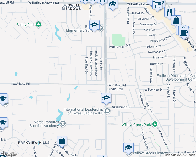 map of restaurants, bars, coffee shops, grocery stores, and more near 8217 3 Bars Drive in Fort Worth