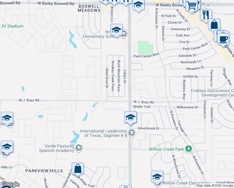 map of restaurants, bars, coffee shops, grocery stores, and more near 8217 3 Bars Drive in Fort Worth