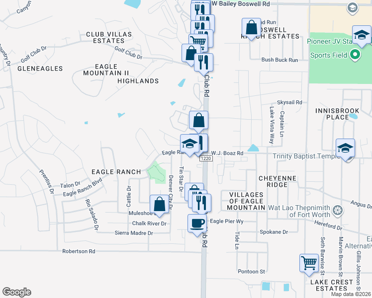 map of restaurants, bars, coffee shops, grocery stores, and more near 7312 Rocky Ford Road in Fort Worth