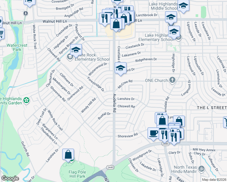 map of restaurants, bars, coffee shops, grocery stores, and more near Audelia Road & Forestridge Drive in Dallas