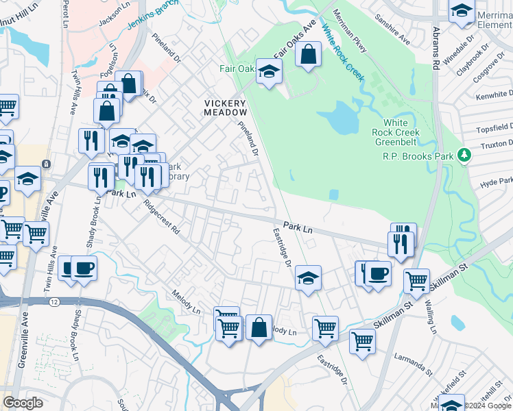 map of restaurants, bars, coffee shops, grocery stores, and more near 8601 Park Lane in Dallas