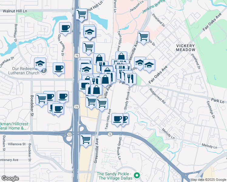map of restaurants, bars, coffee shops, grocery stores, and more near 6850 Twin Hills Avenue in Dallas