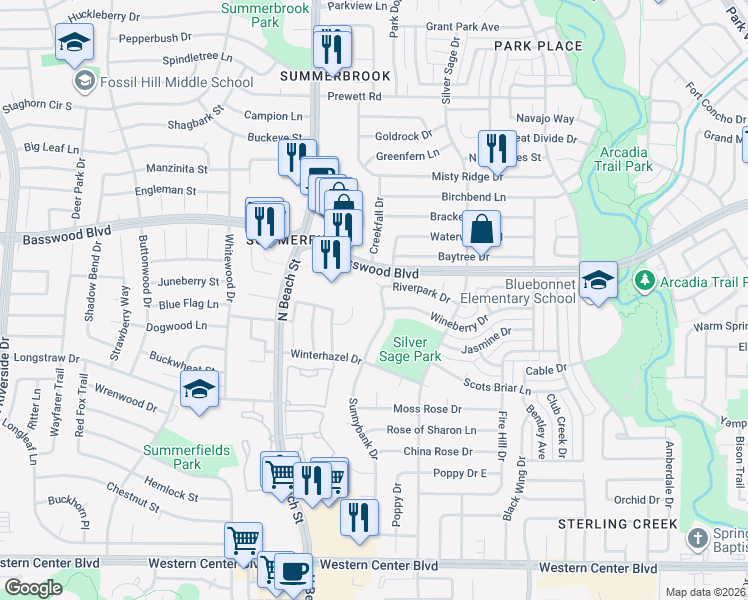 map of restaurants, bars, coffee shops, grocery stores, and more near 7317 Sunnybank Drive in Fort Worth