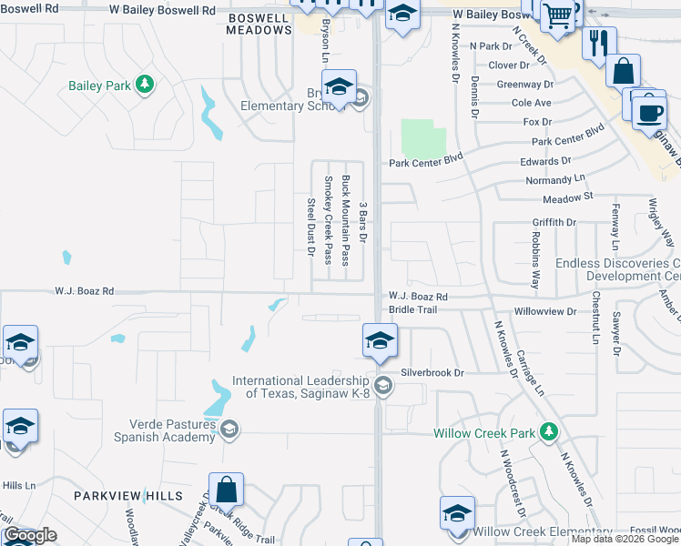 map of restaurants, bars, coffee shops, grocery stores, and more near 8217 3 Bars Drive in Fort Worth