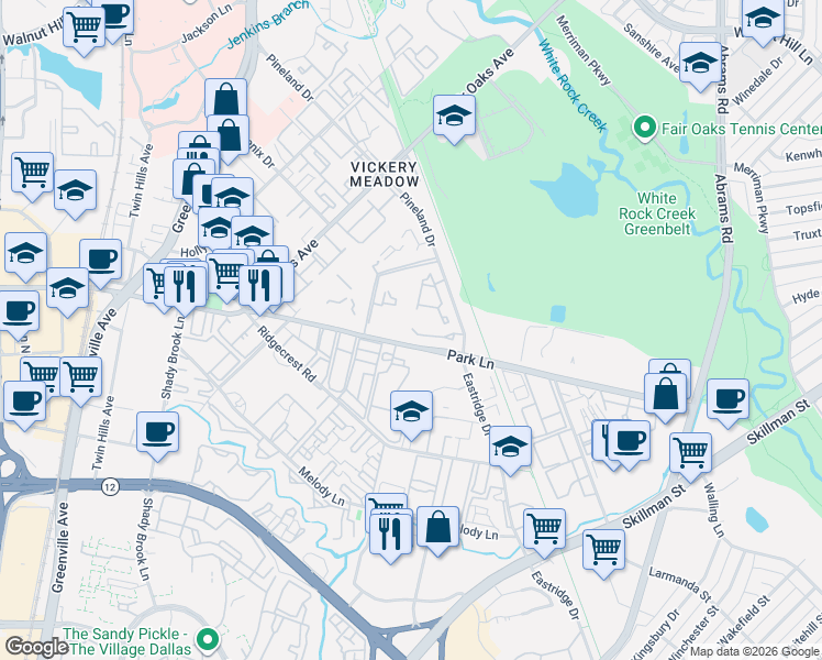 map of restaurants, bars, coffee shops, grocery stores, and more near 8581 Park Lane in Dallas