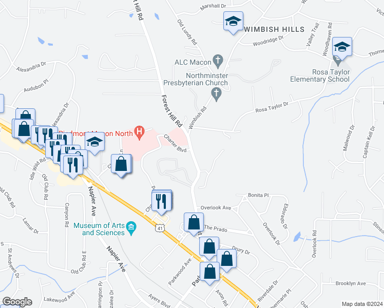 map of restaurants, bars, coffee shops, grocery stores, and more near 417 Northminster Drive in Macon