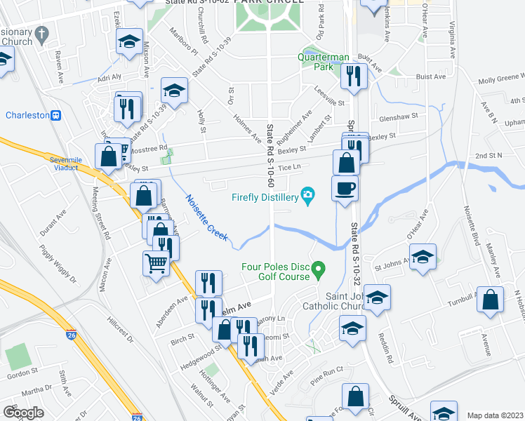 map of restaurants, bars, coffee shops, grocery stores, and more near 4171 South Rhett Avenue in North Charleston