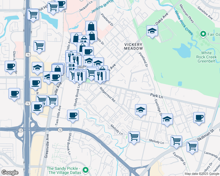 map of restaurants, bars, coffee shops, grocery stores, and more near 8510 Park Lane in Dallas