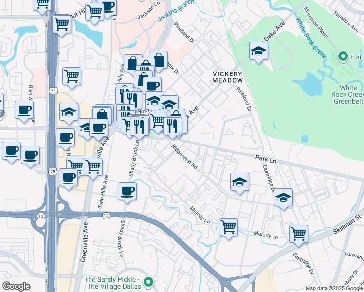 map of restaurants, bars, coffee shops, grocery stores, and more near 8405 Park Lane in Dallas