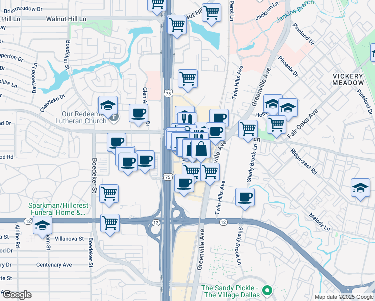 map of restaurants, bars, coffee shops, grocery stores, and more near 8066 Park Lane in Dallas