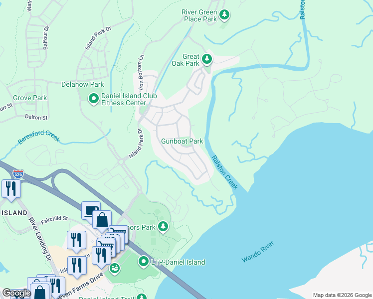 map of restaurants, bars, coffee shops, grocery stores, and more near 335 Gunboat Lane in Charleston