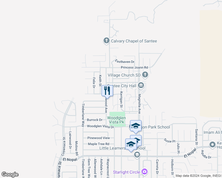 map of restaurants, bars, coffee shops, grocery stores, and more near 10232 Princess Sarit Way in Santee