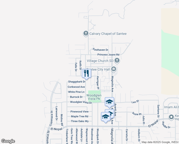 map of restaurants, bars, coffee shops, grocery stores, and more near 10232 Princess Sarit Way in Santee