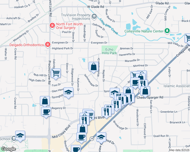 map of restaurants, bars, coffee shops, grocery stores, and more near 2840 Hurstview Drive in Hurst