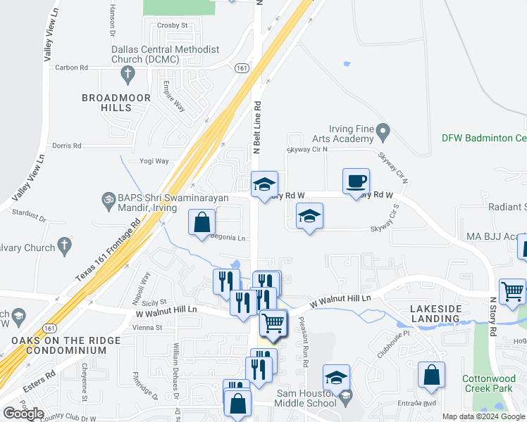 map of restaurants, bars, coffee shops, grocery stores, and more near 4250 North Belt Line Road in Irving