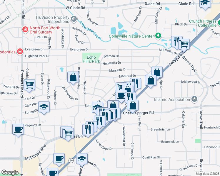 map of restaurants, bars, coffee shops, grocery stores, and more near 304 Springhill Drive in Hurst
